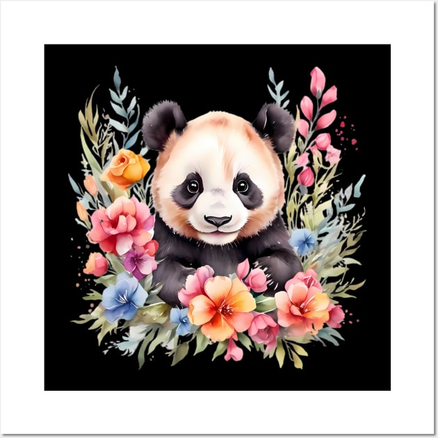 A panda bear decorated with beautiful watercolor flowers Wall Art by CreativeSparkzz